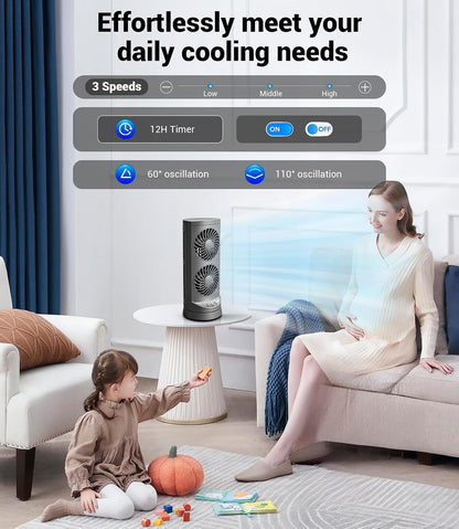 Personal Tower Cooling Fans that Blow Cold Air, Standing Small Desk Fan with 3 Speeds & Timer, 60° & 110° Oscillating Table Fan, Quiet and Safe Electric Floor Fan for Bedroom, Bedside, Home, Office