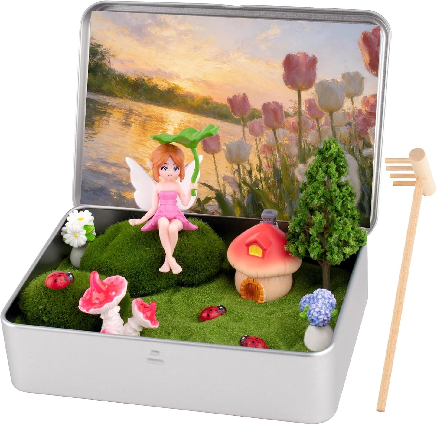 Zen Garden Kit for Desk Decor, Mini Zen Sand Garden with Tina & 1 Rake, Green Sand & 11 Accessories, Japanese Gifts for Meditation Room Office Home (Fairy Style)