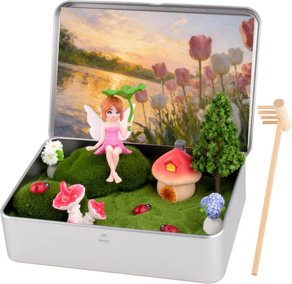 Zen Garden Kit for Desk Decor, Mini Zen Sand Garden with Tina & 1 Rake, Green Sand & 11 Accessories, Japanese Gifts for Meditation Room Office Home (Fairy Style)