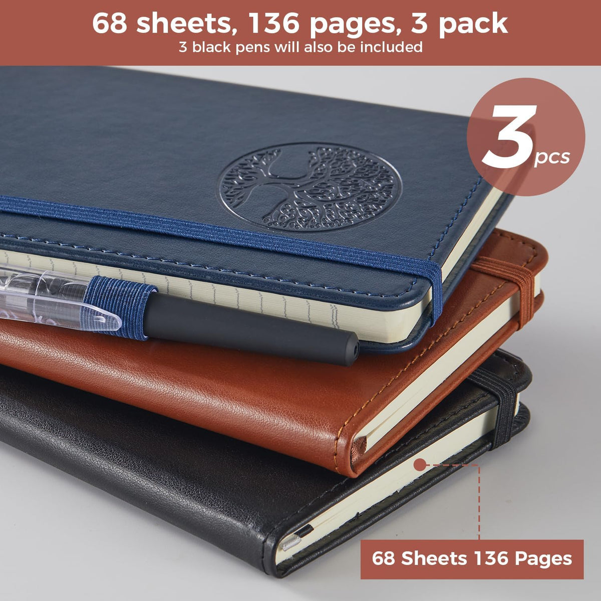 Small Notebook Pocket Journal, A6 3.7" x 5.7", 3 Pack, Black Leather Cover