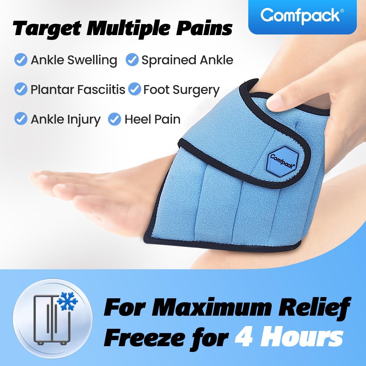 Comfpack Ankle Ice Pack Wrap, 2 Hours Long Lasting Cold Therapy for Swelling, Sprained Ankle, Achilles Tendonitis, Plantar Fasciitis Relief, Heel Pain, Reusable Ice Wrap for Surgery Recovery