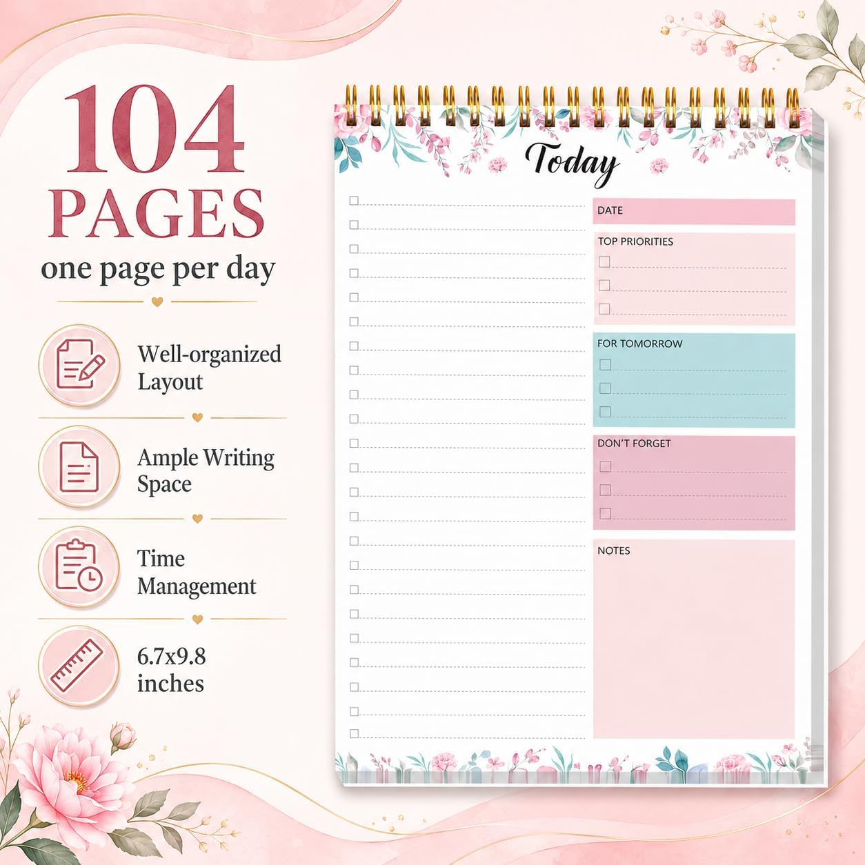 To Do List Notepad - Daily Planner Notepad 104 Pages Task Planner, 6.7" x 9.8" Double Sided Spiral Notebook with Checklist Productivity Planning Pad for Work Office Home-Pink