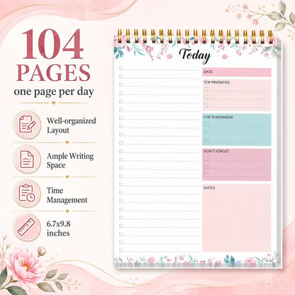 To Do List Notepad - Daily Planner Notepad 104 Pages Task Planner, 6.7" x 9.8" Double Sided Spiral Notebook with Checklist Productivity Planning Pad for Work Office Home-Pink