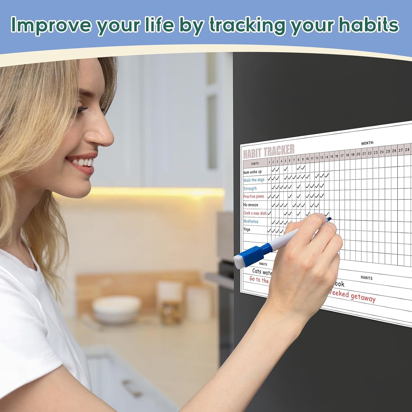 Maitys Habit Tracker for Fridge 12 x 16 Inch Magnetic Workout Tracker Journal Motivation Dry Erase Goal Habit Calendar for Whiteboard with 3 Marker Pens and 1 Eraser