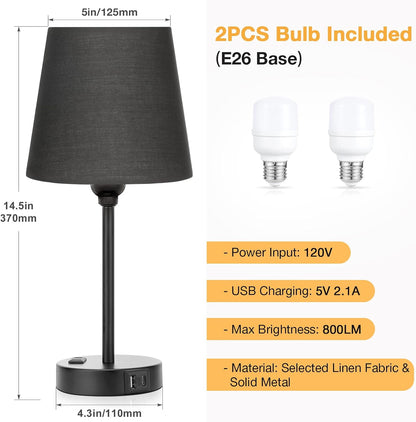 Mini Bedside Lamps for Bedrooms Set of 2 - Nightstand Bedroom Lamps with USB C Port and AC Outlet Charging, Dimmable Touch Small Bed Side Table Lamp, Black Night Stand Light for Kids/Guest Room