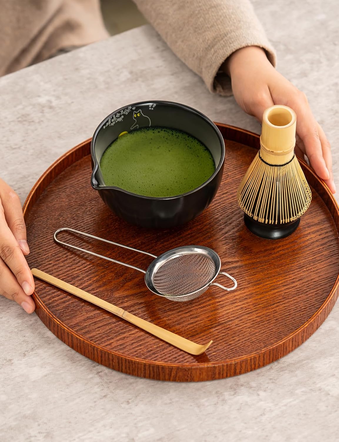 TANG PIN Matcha Set - Match Bowl and Whisk, 15 OZ, Matcha Scoop | Matcha Whisk Stand (Chasen Holder) - 5pc Perfect Matcha Kit for Matcha Tea Ceremony (Mottled Green)