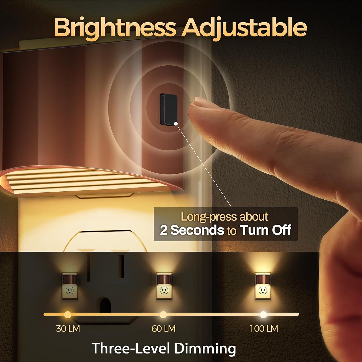 DORESshop LED Night Light[2 Pack], Night Lights Plug into Wall, 3 Level Brightness Adjustable Plug in Night Light, Dusk to Dawn Sensor, Nightlights for Adults, Bedroom, Bathroom, Hallway, Amber