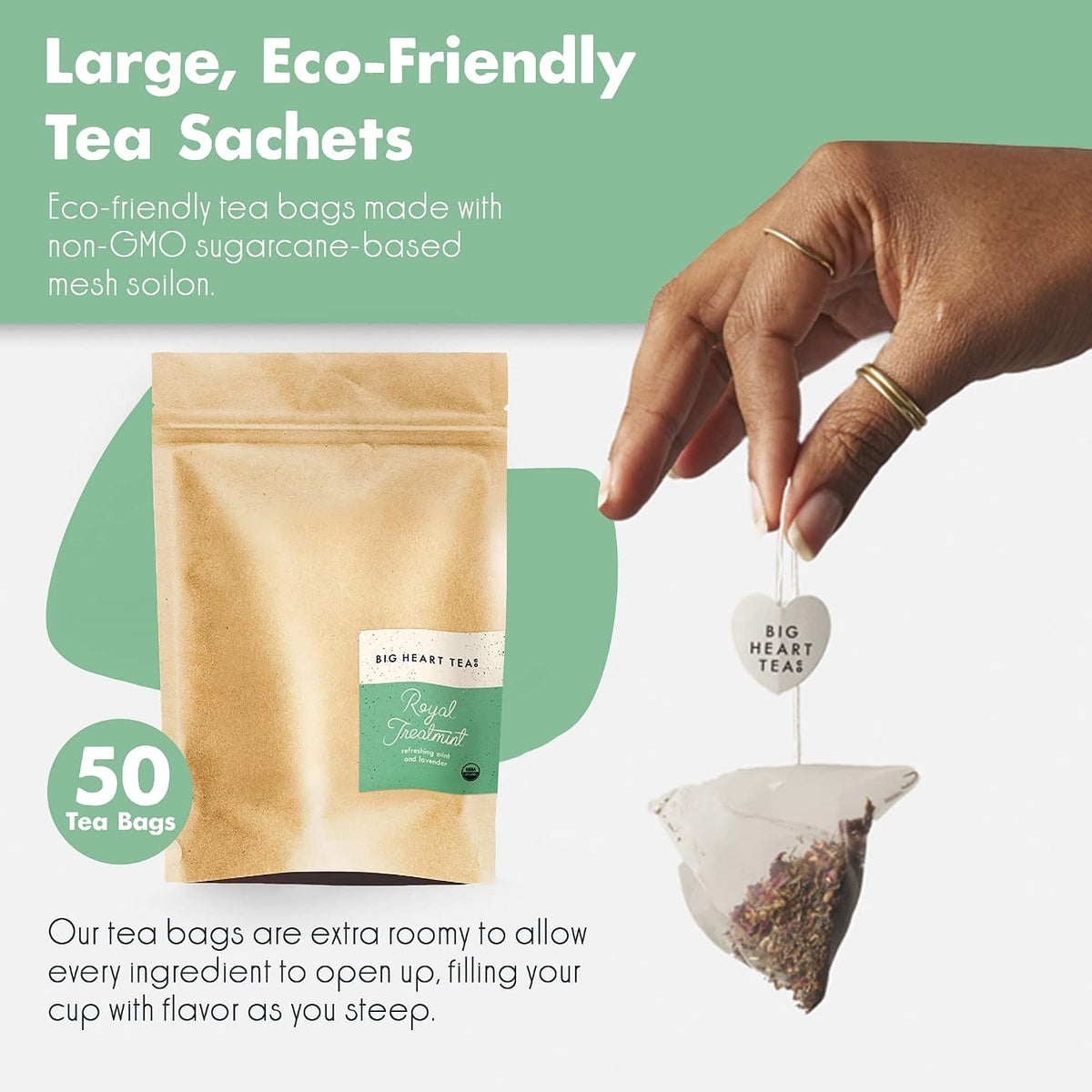 Big Heart Tea Co. Tea Bags - Royal Treatmint Lavender Mint - Certified Organic, Ayurvedic Herbal Decaf Tea in Zero Plastic Sachets - Small Batch Ground Herbs, Adaptogenic Tulsi, Ginkgo Leaf, 50 Pack