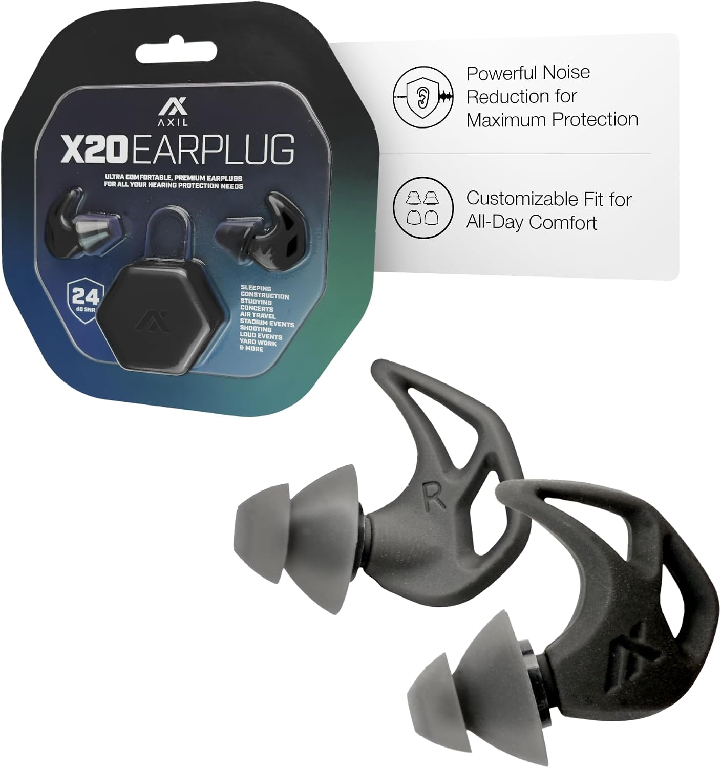 AXIL X20 Noise Reduction Ear Plugs - Pink - Customizable Fit Hearing Protection for Sleeping, Festivals, Live Events and Sports – 24dB Reusable Foam and Silicone Eartips with Carrying Case