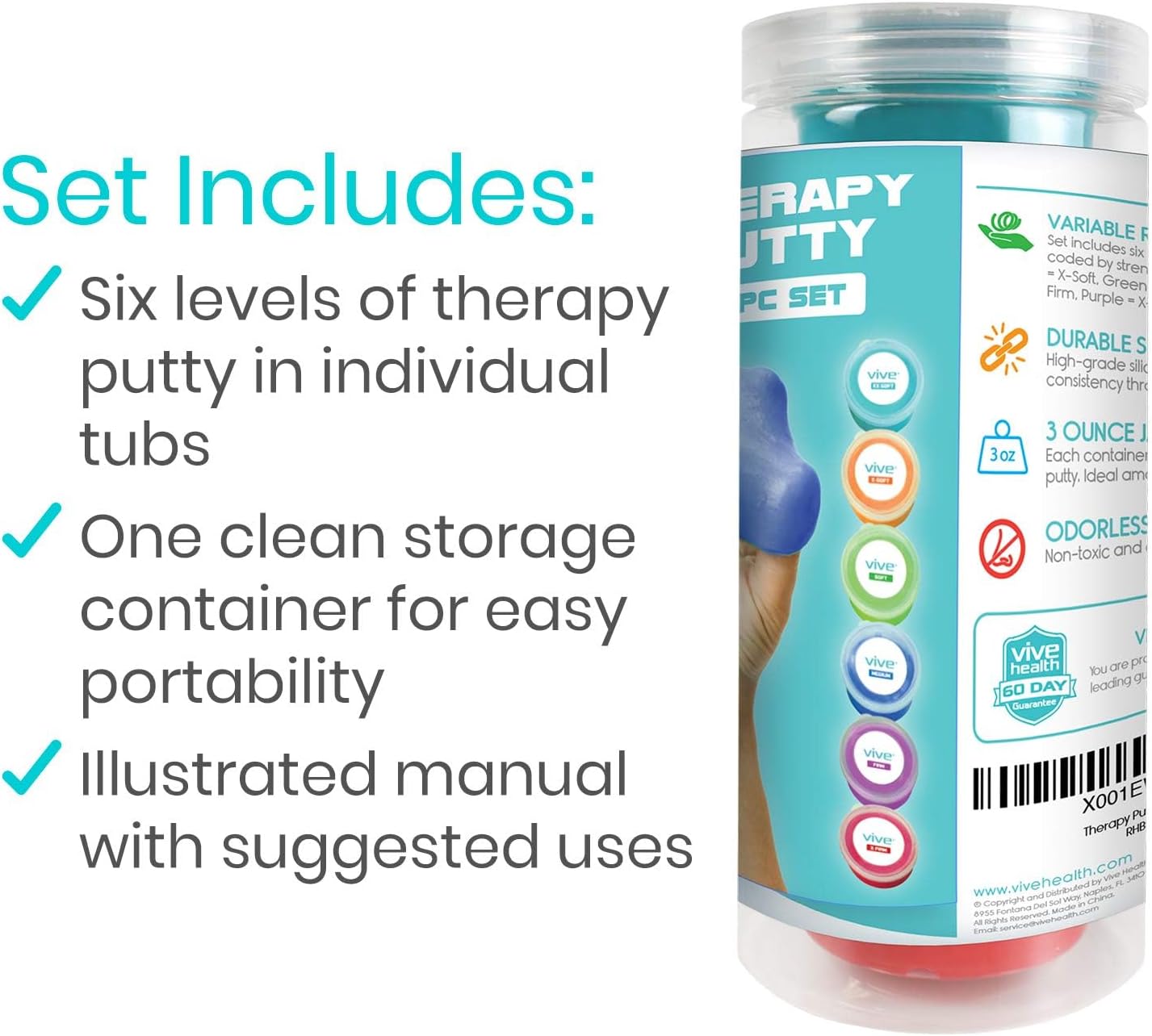 Vive Therapy Putty (6 Pack) - Putty for Hand - Stress Putty for Adults - Exercise Putty for Rehab, Finger, Grip Strength Resistance - Sensory Putty and Therapy Occupational Clay - 3 Ounces