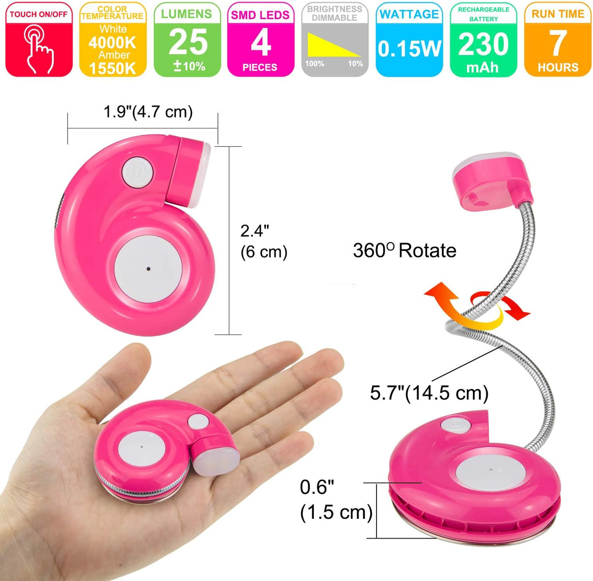 Kids Rechargeable Book Light, Clip on Reading Light for Kid, Kids Reading Lights, Amber Book Light for Reading in Bed, 2 Lighting Modes, Blue Light Blocking, Bookmark Light for Bookworms-Pink