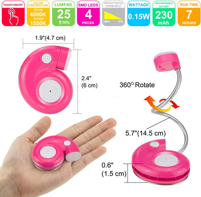 Kids Rechargeable Book Light, Clip on Reading Light for Kid, Kids Reading Lights, Amber Book Light for Reading in Bed, 2 Lighting Modes, Blue Light Blocking, Bookmark Light for Bookworms-Pink