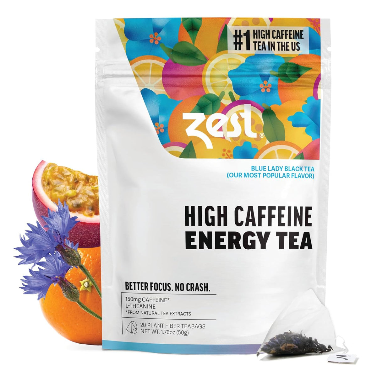 Zest Energy Tea Bags – Blue Lady Passion Fruit Black Tea – High Caffeine Tea for Morning Energy, Focus & Clarity – Natural Caffeinated Tea with 150mg Caffeine – 20Ct Pack – Non-GMO & Keto Friendly