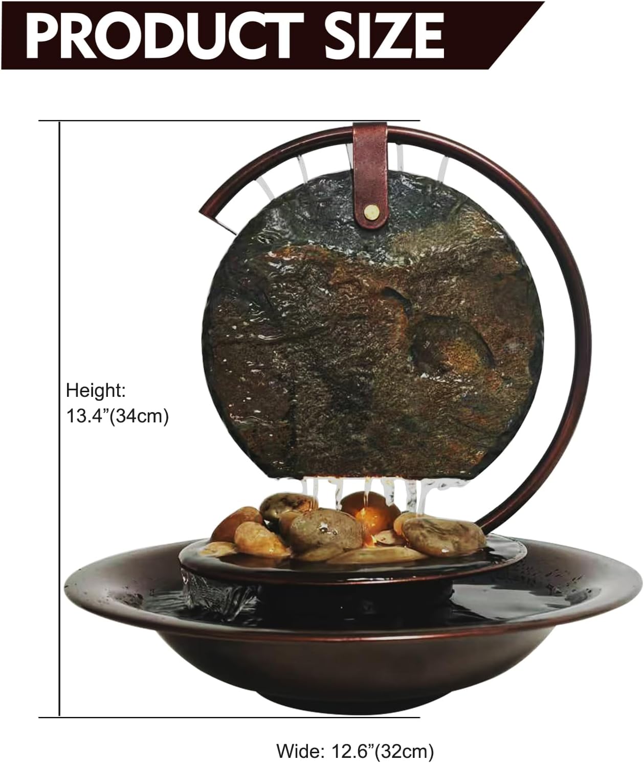 Pamopamo Indoor Tabletop Waterfall Moon Fountain, Home Décor Soothing Rain Sound Meditation Relaxing Fountains, Nature Slate Water Feature with Light for Room Office Desktop Decoration-13 Tall