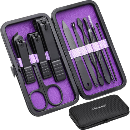 Glamne Manicure Set Nail Clippers Kit Professional Stainless Steel Nail Care Tools with Leather Travel Case 10 in 1 Black