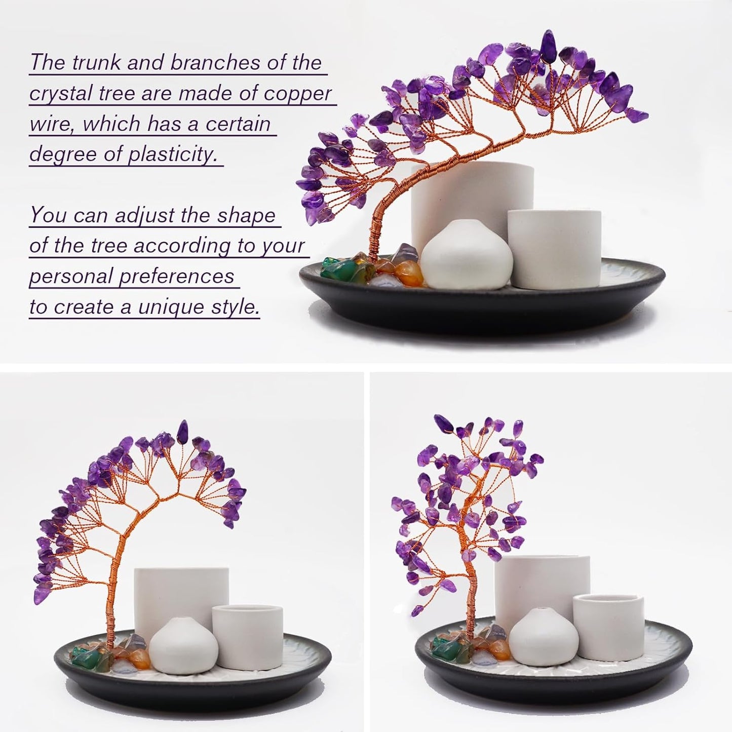 5 in 1 Incense Burner Holder with Crystal Healing Tree, Palo Santo Holder, Sage Holder, Incense Holder for Sticks/Cones/Candles, Ceramic Tray Ash Catcher for Burning Incense, Meditation Gift