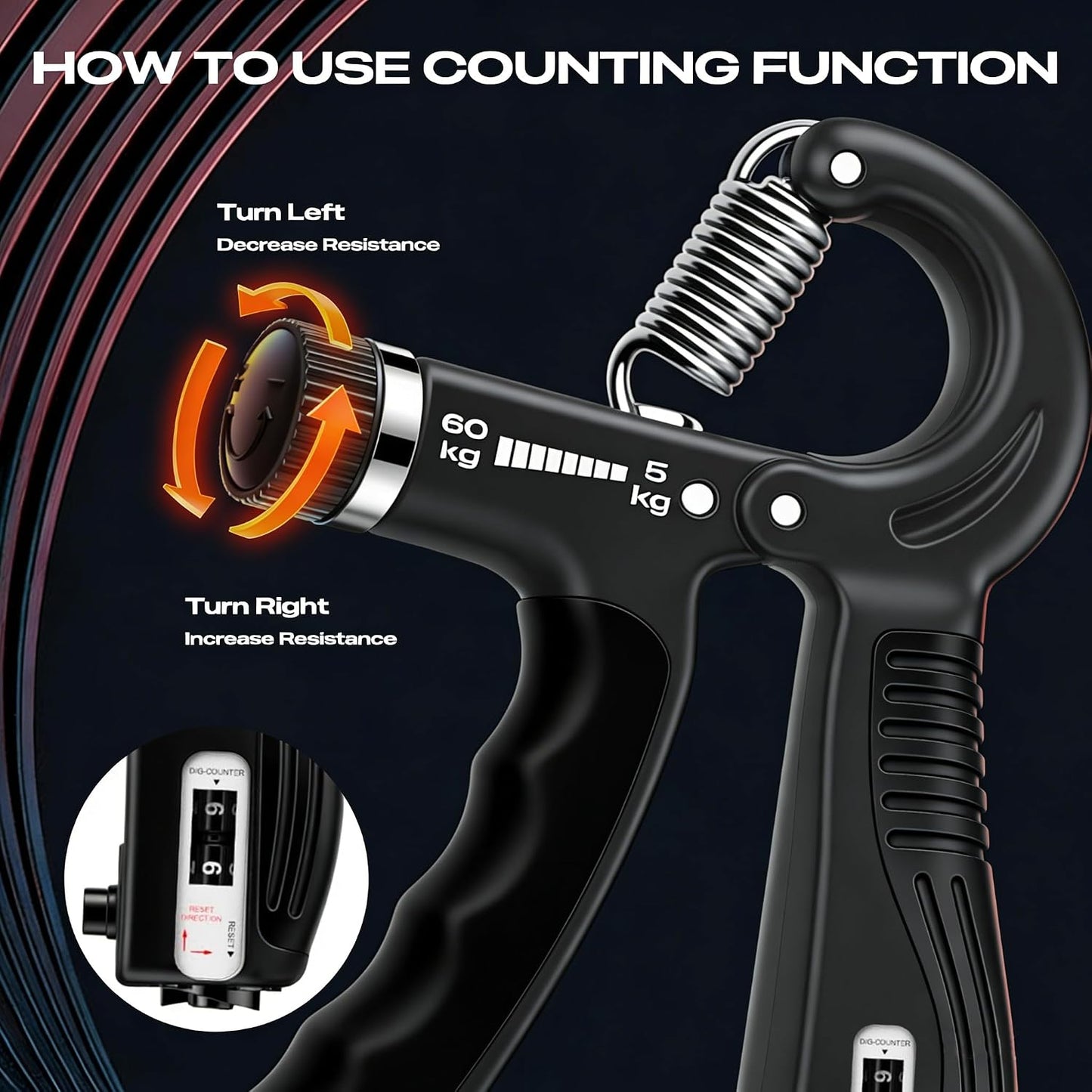 JTHEW Grip Strength Trainer - Adjustable Resistance 11-132lbs/5-60kg Hand Gripper & Forearm Strengthener Device with Smart Counter for Sports & Rehab