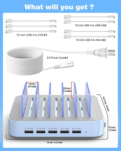 MSTJRY Charging Station for Multiple Devices : 5 Port Multi USB-A Charger Stations Multi-Device Organizer Charging Dock Designed for iPhone iPad Cell Phone Tablets (7 Short Cables Included)