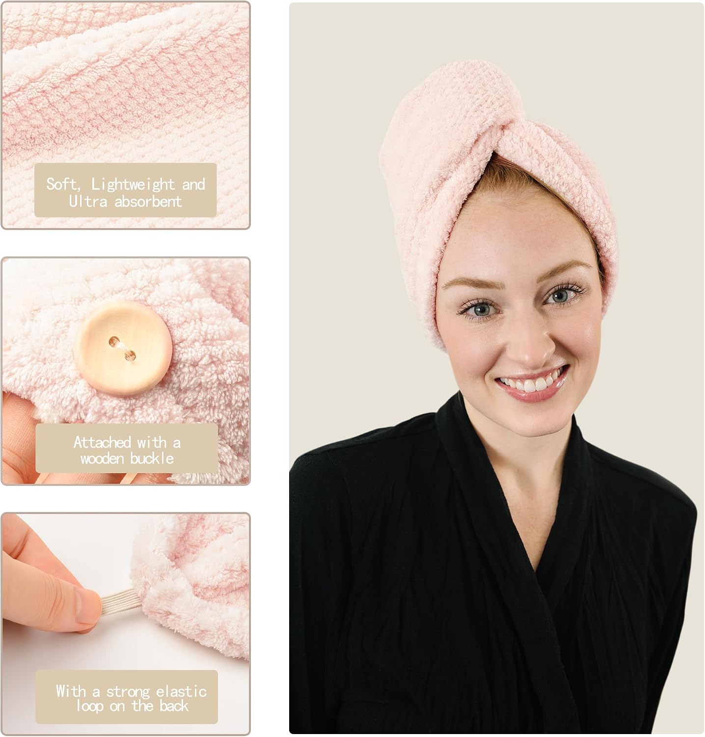 ROLSHOL Extra Large 4 Pack Microfiber Hair Towel Wrap for Women Super Absorbent & Quick Dry Hair Drying Towels with Button, Hair Turbans for Curly Hair Long & Short Hair - Anti-Frizz