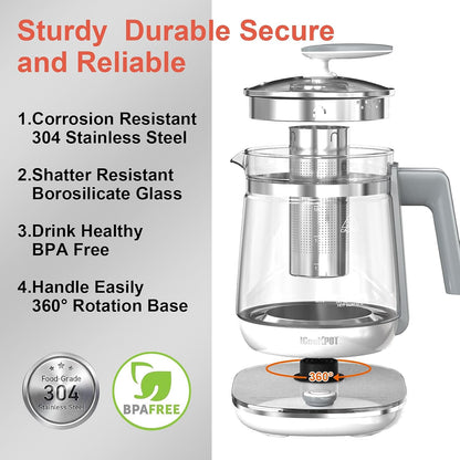 Electric Kettle 1.5L Borosilicate Glass, 1200W Temperature Control Tea Kettle with Auto Shut-Off & Boil-Dry Protection, BPA-Free Stainless Steel Base, Fast Boil for Coffee & Keep Warm, White