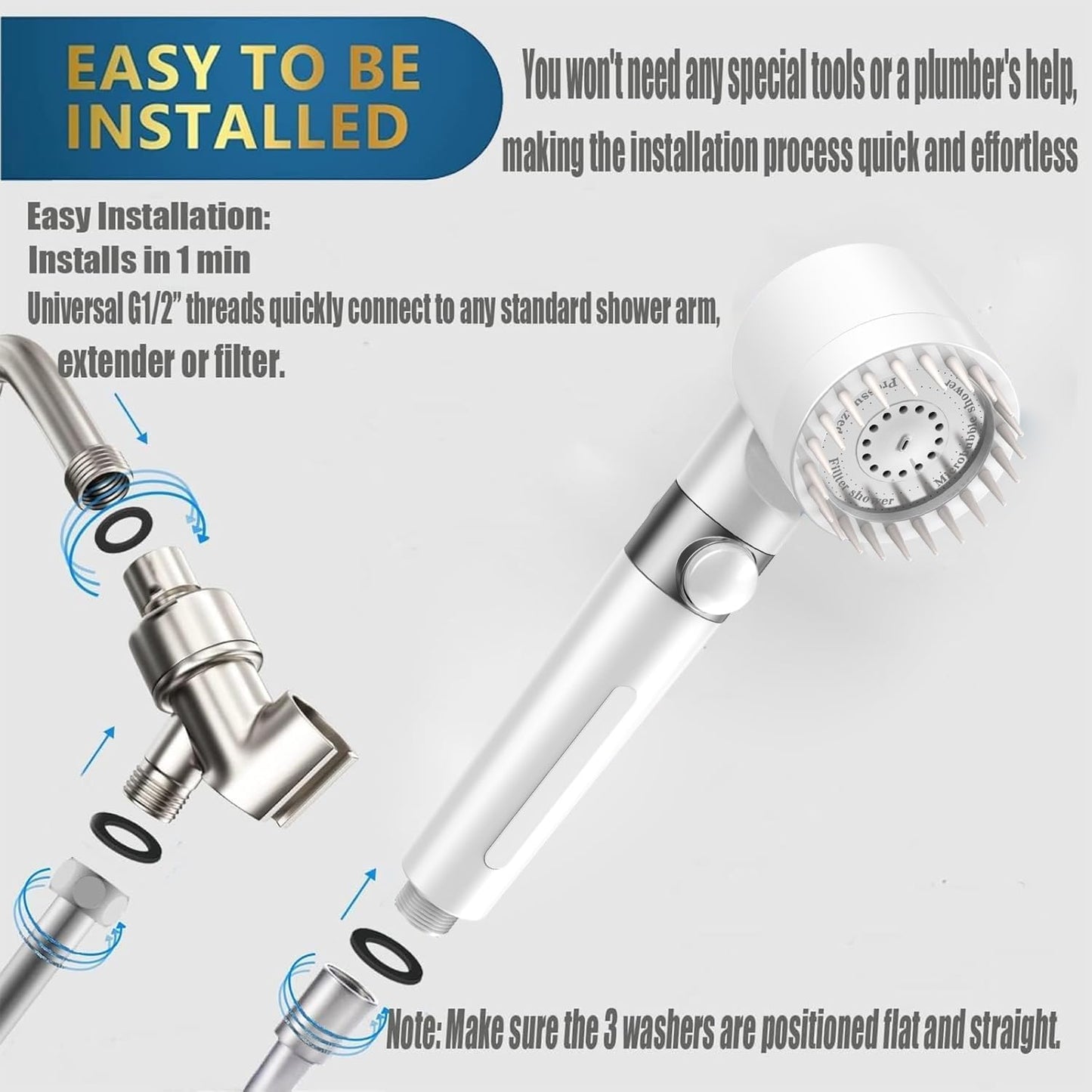 Shower Head with Handheld, Shower Heads High Pressure, High Flow Even with Low Water Pressure-Hand Held Showerhead Set,3 Modes Filtered Showerhead with 59″Replacement Hose/Bracket/Cotton Filters