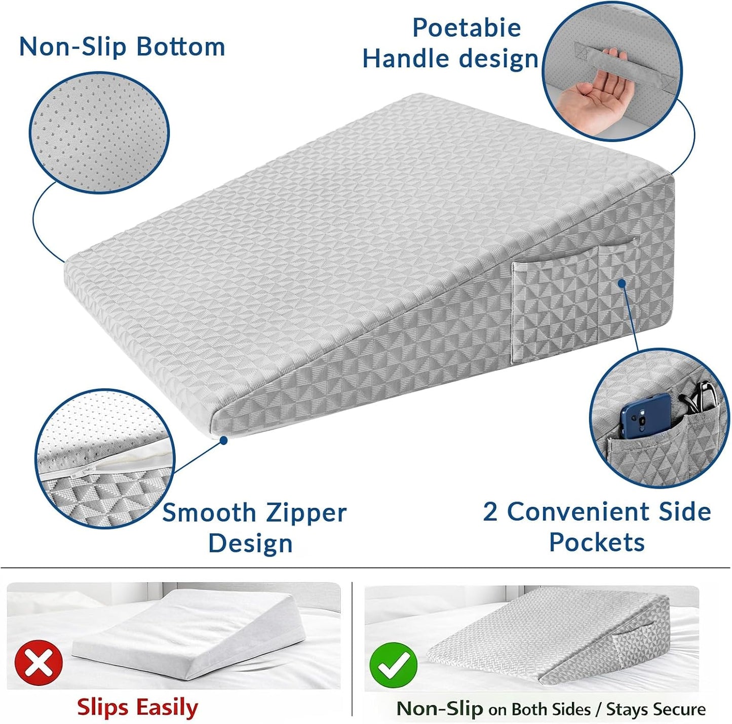 Wedge Pillow for Sleeping, 7.5" Bed Wedge After Surgery, Back Pain Relief, Memory Foam Pillow Triangle Incline Wedge for Back Support, Leg Elevation