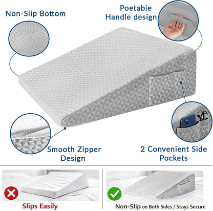 Wedge Pillow for Sleeping, 7.5" Bed Wedge After Surgery, Back Pain Relief, Memory Foam Pillow Triangle Incline Wedge for Back Support, Leg Elevation