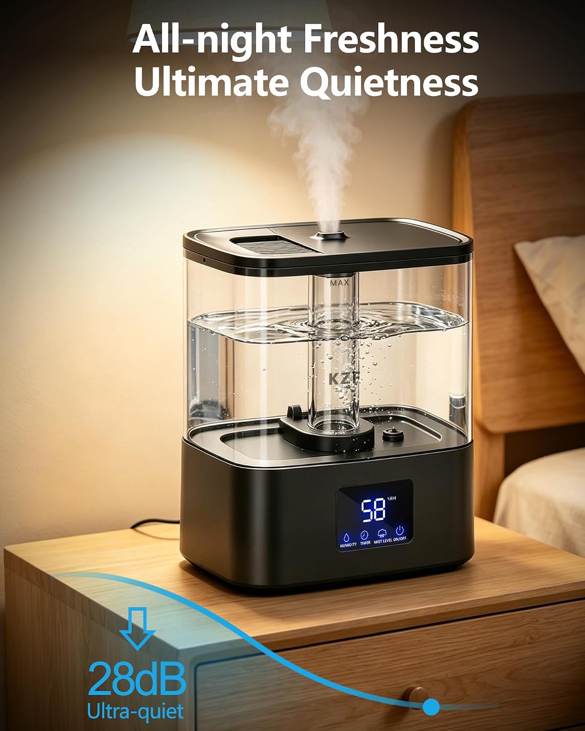 KZF 4L Top Fill Humidifiers for Bedroom & 40H Runtime - Cool Mist Humidifier, 3 Mist Levels, 8H Timer, Essential Oil Tray, Humidity Display, Quiet for Baby, Plants, Large Room (Black, 4, Liters)