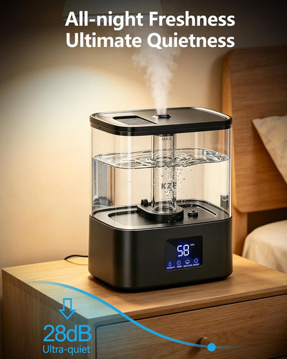 KZF 4L Top Fill Humidifiers for Bedroom & 40H Runtime - Cool Mist Humidifier, 3 Mist Levels, 8H Timer, Essential Oil Tray, Humidity Display, Quiet for Baby, Plants, Large Room (Black, 4, Liters)