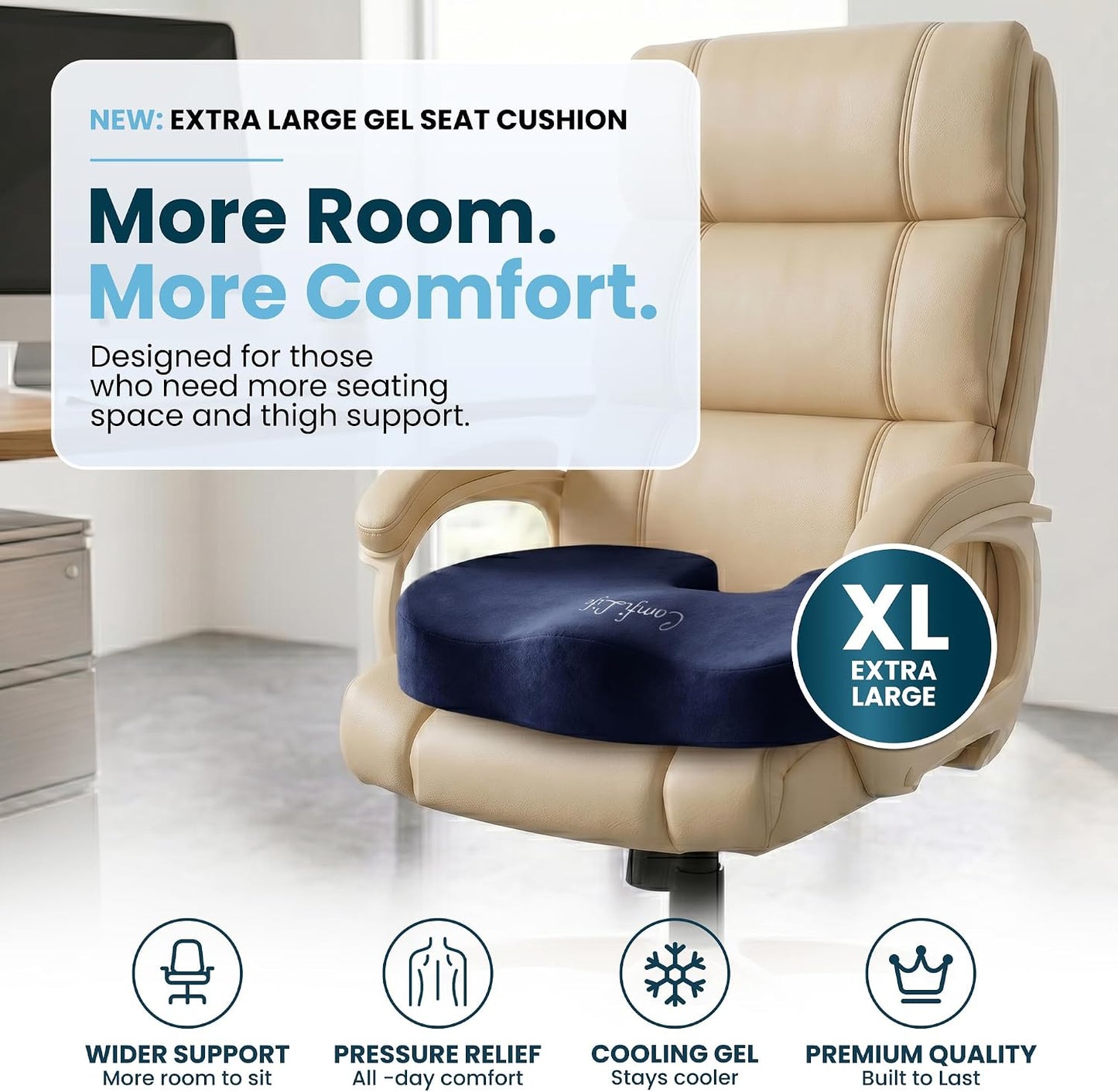 ComfiLife Gel Enhanced Seat Cushion – Office Chair Cushion – Non-Slip Gel & Memory Foam Coccyx Cushion for Tailbone Pain - Desk Chair Car Seat Cushion Driving - Sciatica & Back Pain Relief (Navy)
