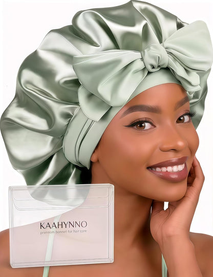 Silk Satin Bonnet Hair Wrap for Sleeping Women, Adjustable Tie Band Double Layer Sleep Night Head Cover for Curly Braid Fine