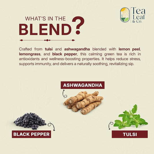 Tulsi Ashwagandha Green Tea 3.5oz, Natural Herbal Infusion, 50 Tea Bags