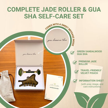 jade & timber Jade Roller & Green Sandalwood Gua Sha Set – Facial & Body Massage Tools for Lymphatic Drainage & Sculpting - Self Care Gift