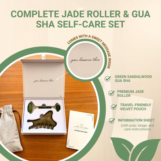 jade & timber Jade Roller & Green Sandalwood Gua Sha Set – Facial & Body Massage Tools for Lymphatic Drainage & Sculpting - Self Care Gift