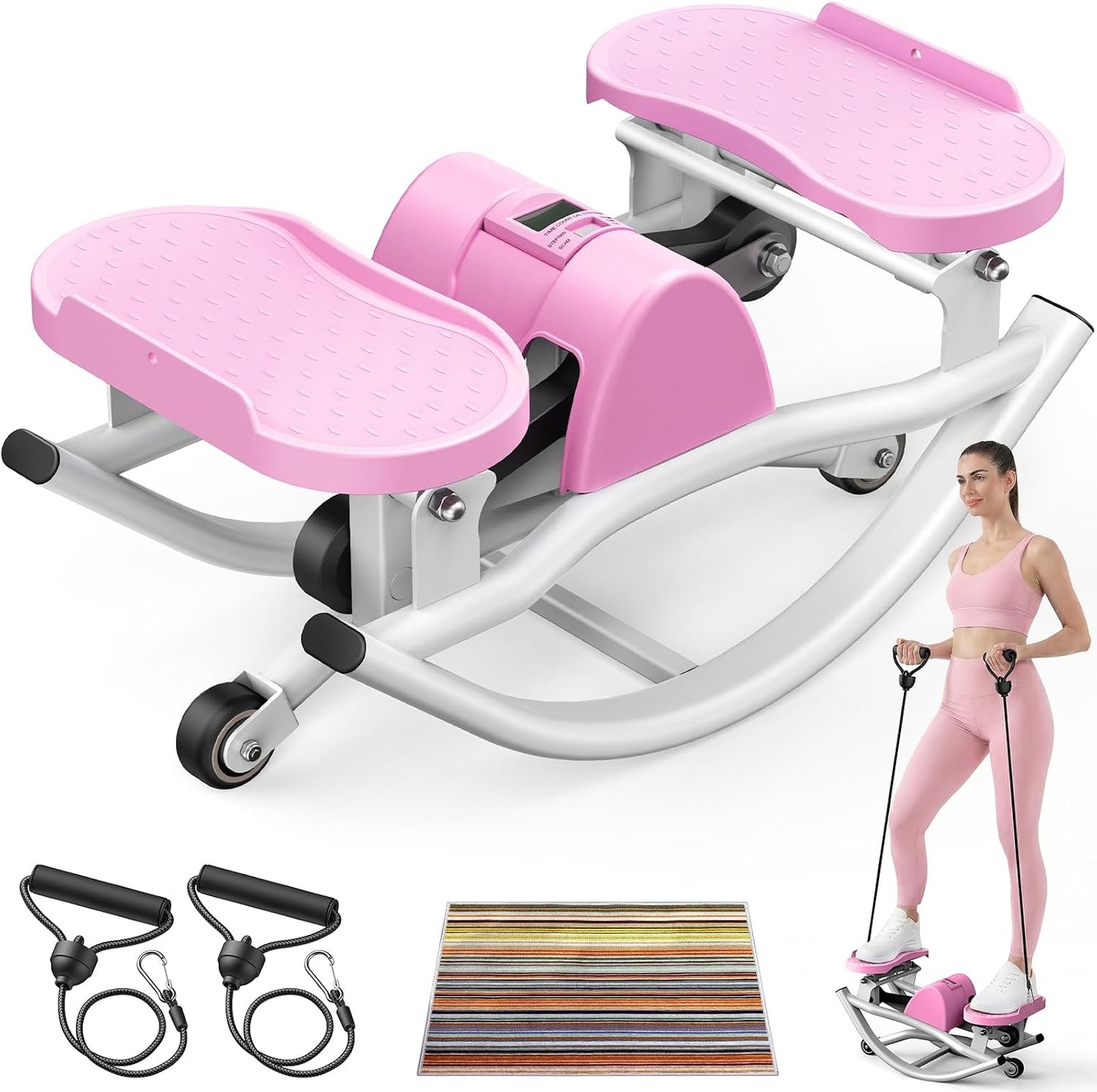 Rock Stepper,Rocking Stepper with Resistance Bands, 3D Side-to-Side Motion Mini Stepper for Women Home Workout, Low Impact Lateral Step Machine with Non-Slip Mat and Digital Counter, 250lbs Capacity
