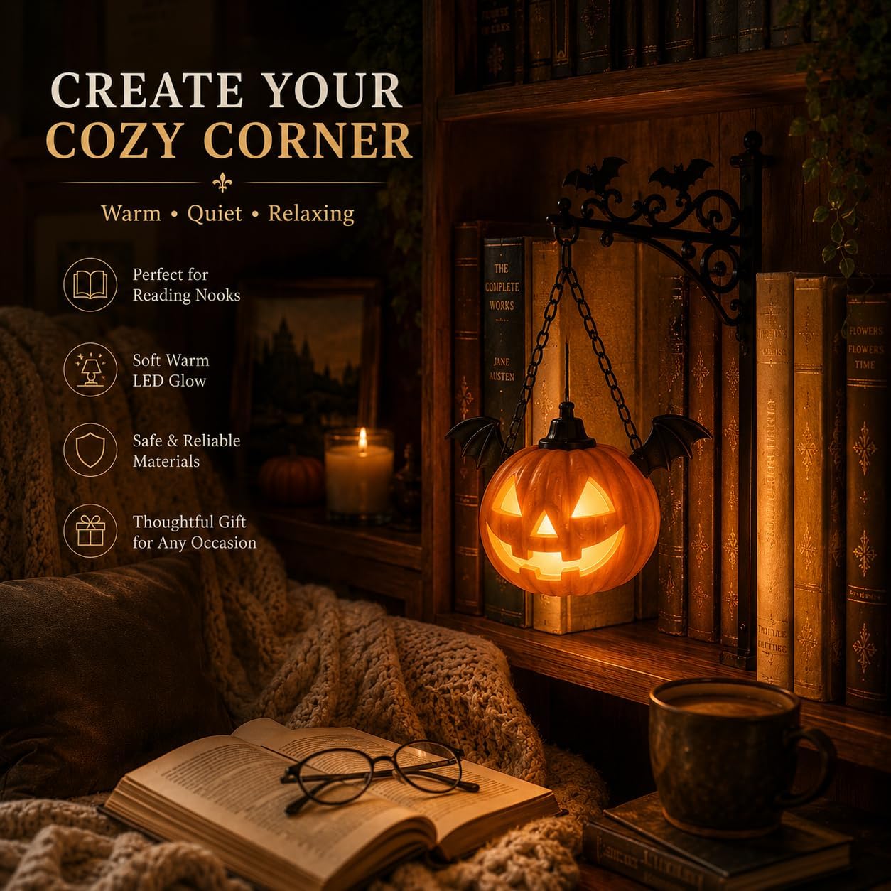 Library Lantern-Decorative Bookshelf Lighting, Mini Bookshelf Lamp Slides Between Books, Warm Amber LED Bookshelf Lights for Book Nook, Shelf Decor Gift for Book Lovers(Reading Ghost)