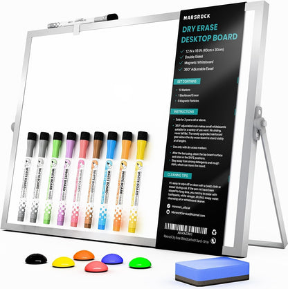 Marsrock Dry Erase White Board with Stand,Double-Sided Weekly Whiteboard 16"x12",10 Markers,6 Magnets,1 Eraser,Portable Desktop Whiteboard for Planning,Weekly Schedule Board for Office