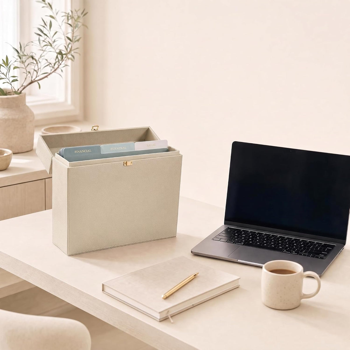 Aesthetic Document Organizer Box with 8 Folders - PU Leather File Organizer