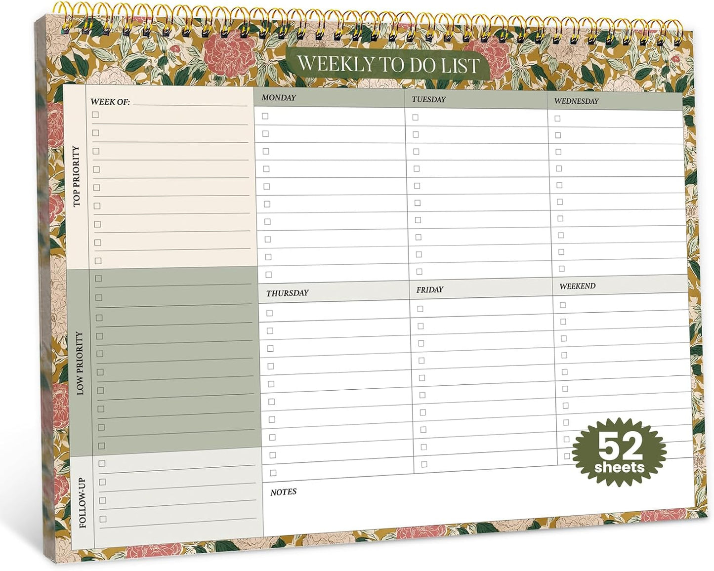 Weekly To Do List Notepad with 52 Undated Sheets（8.5"×11"）- Undated Weekly Planner Notepad for Office Desk Accessories and Supplies - Sunshine Petal
