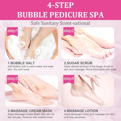 Pedicure Kit Foot Soak Set: Bubble Salt, Sugar Scrub, Massage Mask, Massage Lotion in a Box, 4 Step Foot Spa Kit for Dry Feet, Softens Calluses, Tired Feet（3 Set Lavender) - Colors B