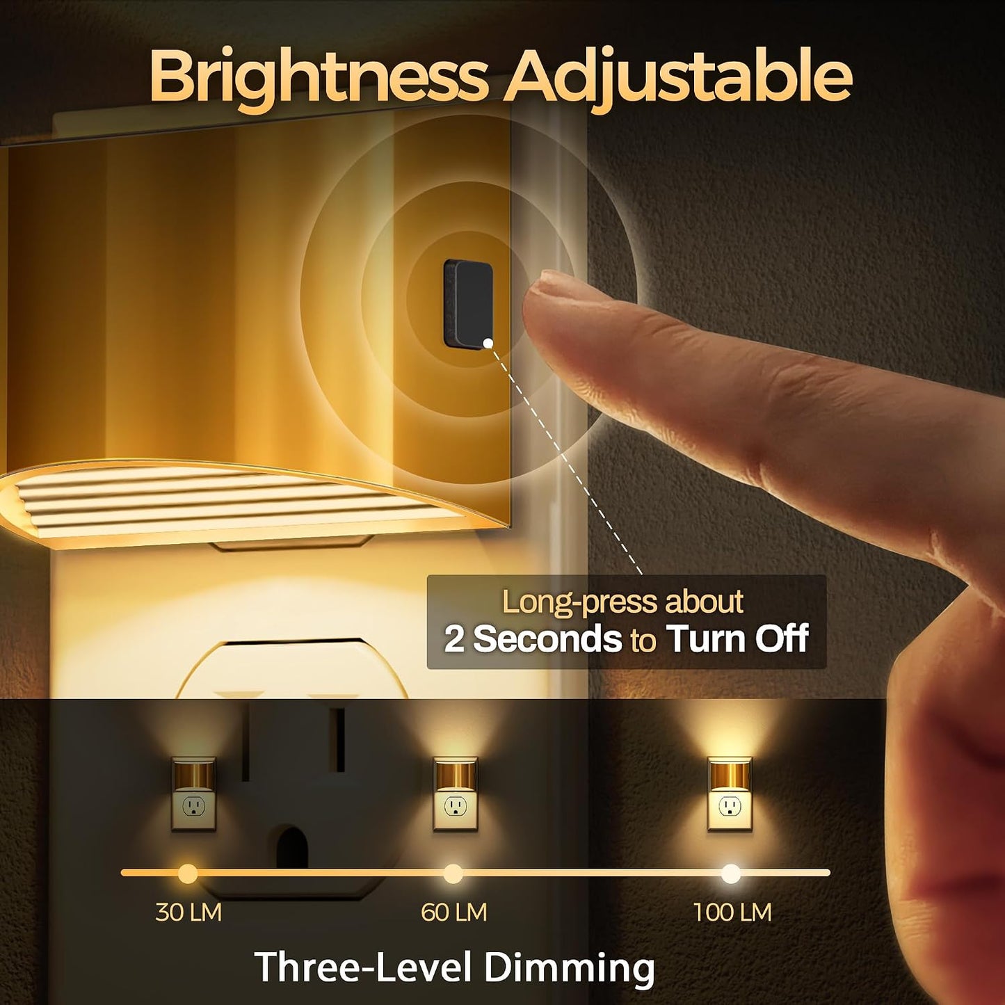DORESshop LED Night Light[2 Pack], Night Lights Plug into Wall, 3 Level Brightness Adjustable Plug in Night Light, Dusk to Dawn Sensor, Nightlights for Adults, Bedroom, Bathroom, Hallway, Amber