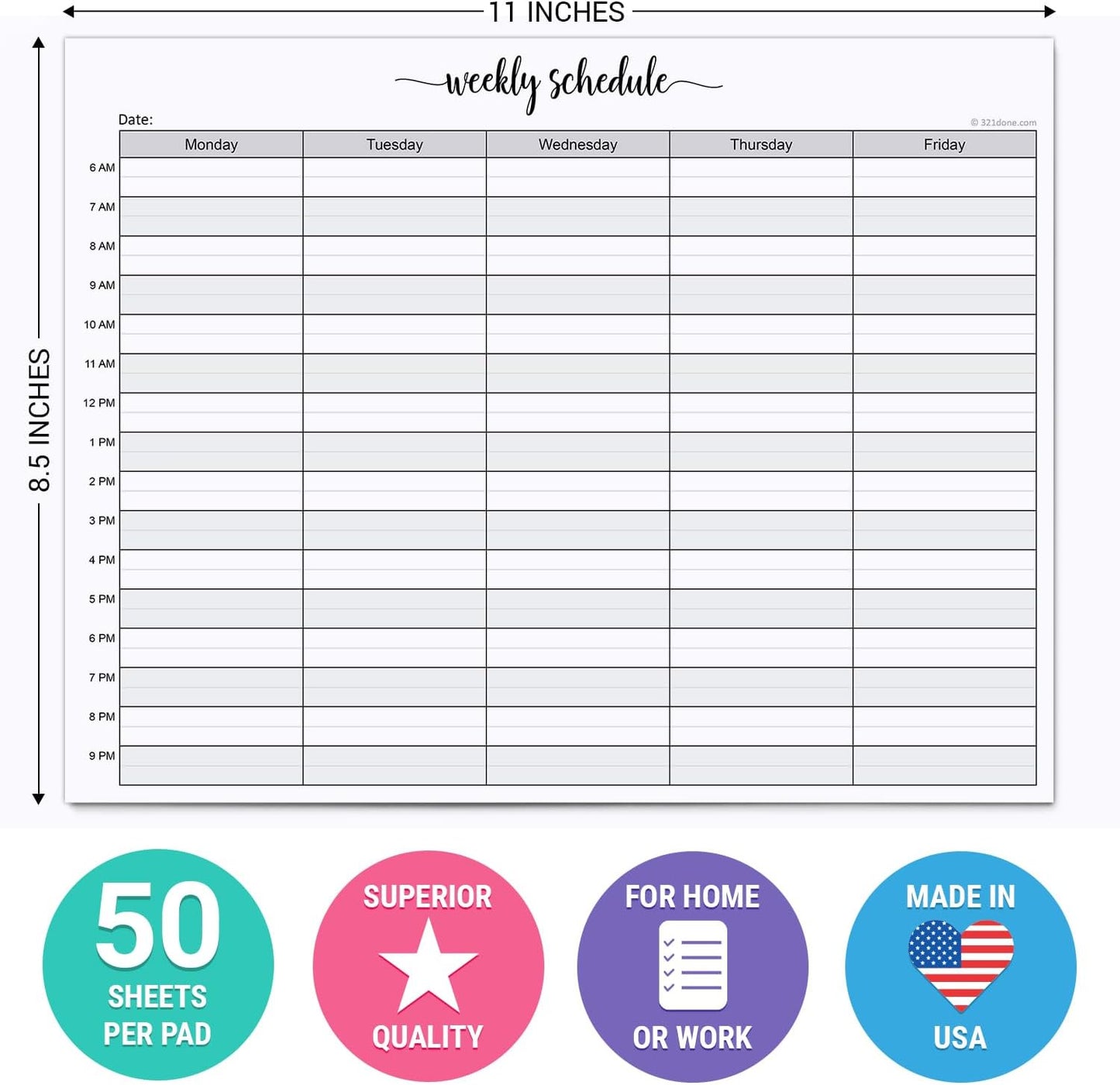 321Done Weekly Schedule Planning Notepad - 50 Sheets 11x17 Size - Mon-Sun Hourly Appointment Productivity Weekly Planner Tear-Off Note Pad, Made in USA
