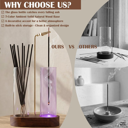 Glass Glowing Incense Holder - Modern Double Tube Incense Stick Burner with Ash Catcher - Aesthetic 2-in-1 Fragrance Display for Palo Santo, Sage & Candles - Zen Decor for Yoga & Meditation