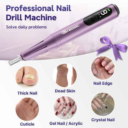 Electric Nail Drill Professional 35000RPM,Rechargeable Electric Nail File Cordless with 9-Speed & LED Display,12-in-1 Portable Manicure Pedicure kit for Acrylic Gel Dip Powder Nails (Purple)
