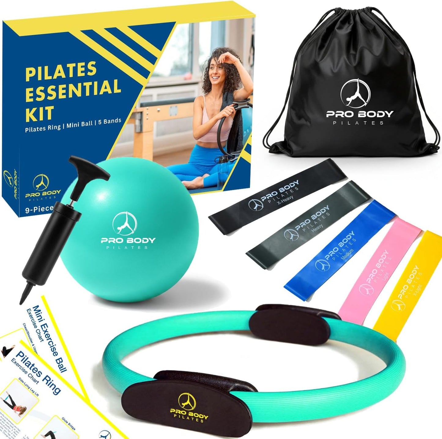 ProBody Pilates Ring Set with 14-Inch Magic Circle Ring, 9-Inch Exercise Ball, 5 Resistance Bands, Pump, Training Guides, & Storage Bag for Core Strength, Balance, Stability Training