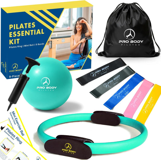 ProBody Pilates Ring Set with 14-Inch Magic Circle Ring, 9-Inch Exercise Ball, 5 Resistance Bands, Pump, Training Guides, & Storage Bag for Core Strength, Balance, Stability Training