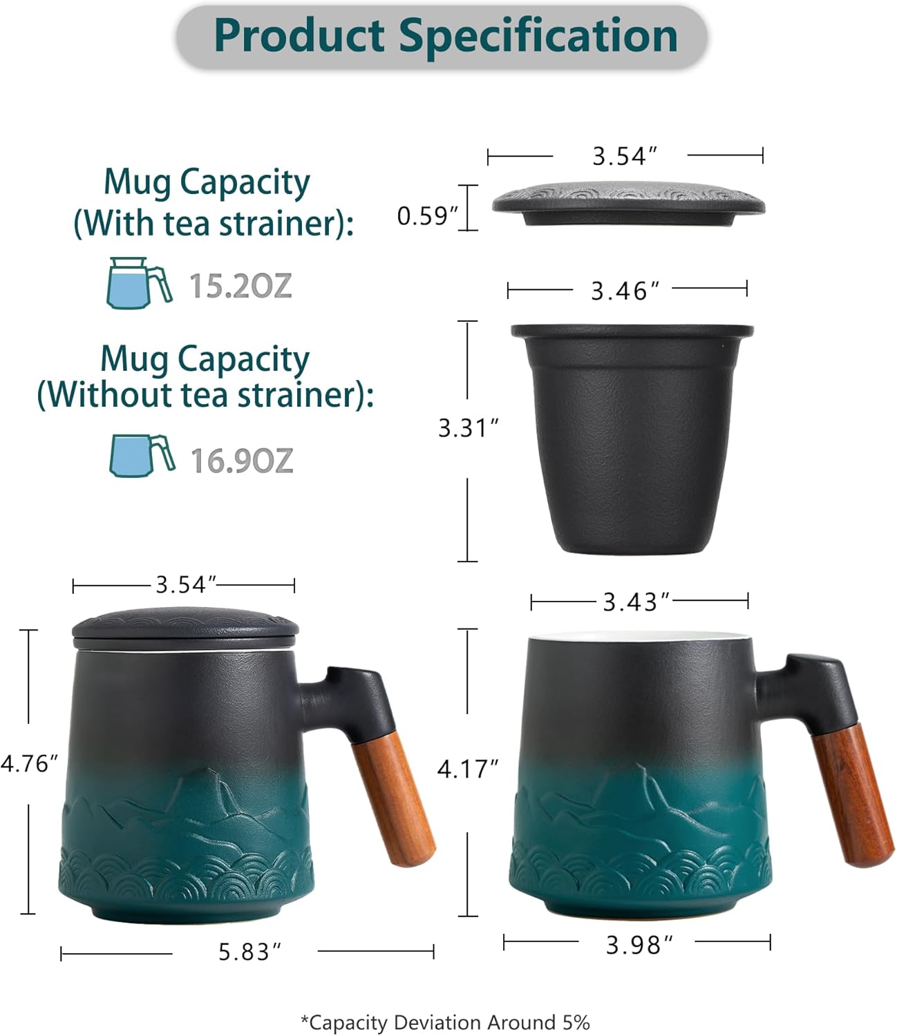 ZENS Embossed Ceramic Tea Mug with Infuser and Lid, 14.5 oz Wooden Handle, Loose Leaf Tea Steeper Cup & Strainer for Tea Lovers Gifts