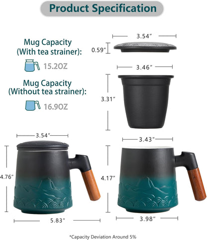 ZENS Embossed Ceramic Tea Mug with Infuser and Lid, 14.5 oz Wooden Handle, Loose Leaf Tea Steeper Cup & Strainer for Tea Lovers Gifts