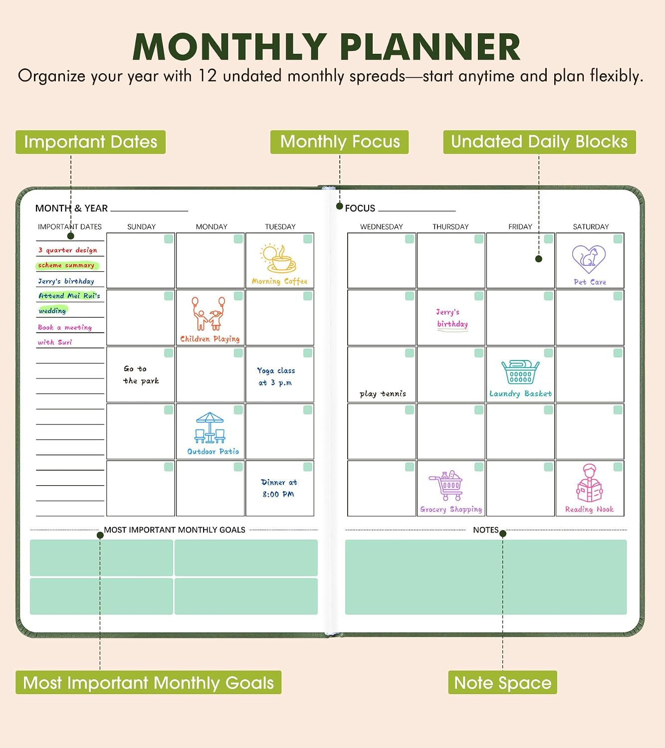 Undated Weekly and Monthly Planner, Hardcover Leather Calendar Blank Planner, Simplified To Do List Notebook with Goal & Habit Tracker Organizer, A5 Daily Weekly Planner for Work School Home, Black