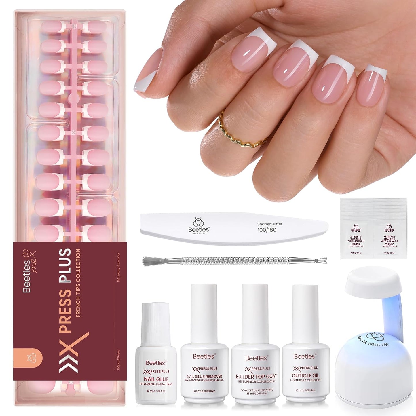 Beetles Press On Nail Kit-Short Square French Tip Press On Nails, 150Pcs Pink French Nail Tips with Nail Glue & Remover Builder Top Coat Nail Lamp, All-in-One DIY Fake Nails Gift for Women